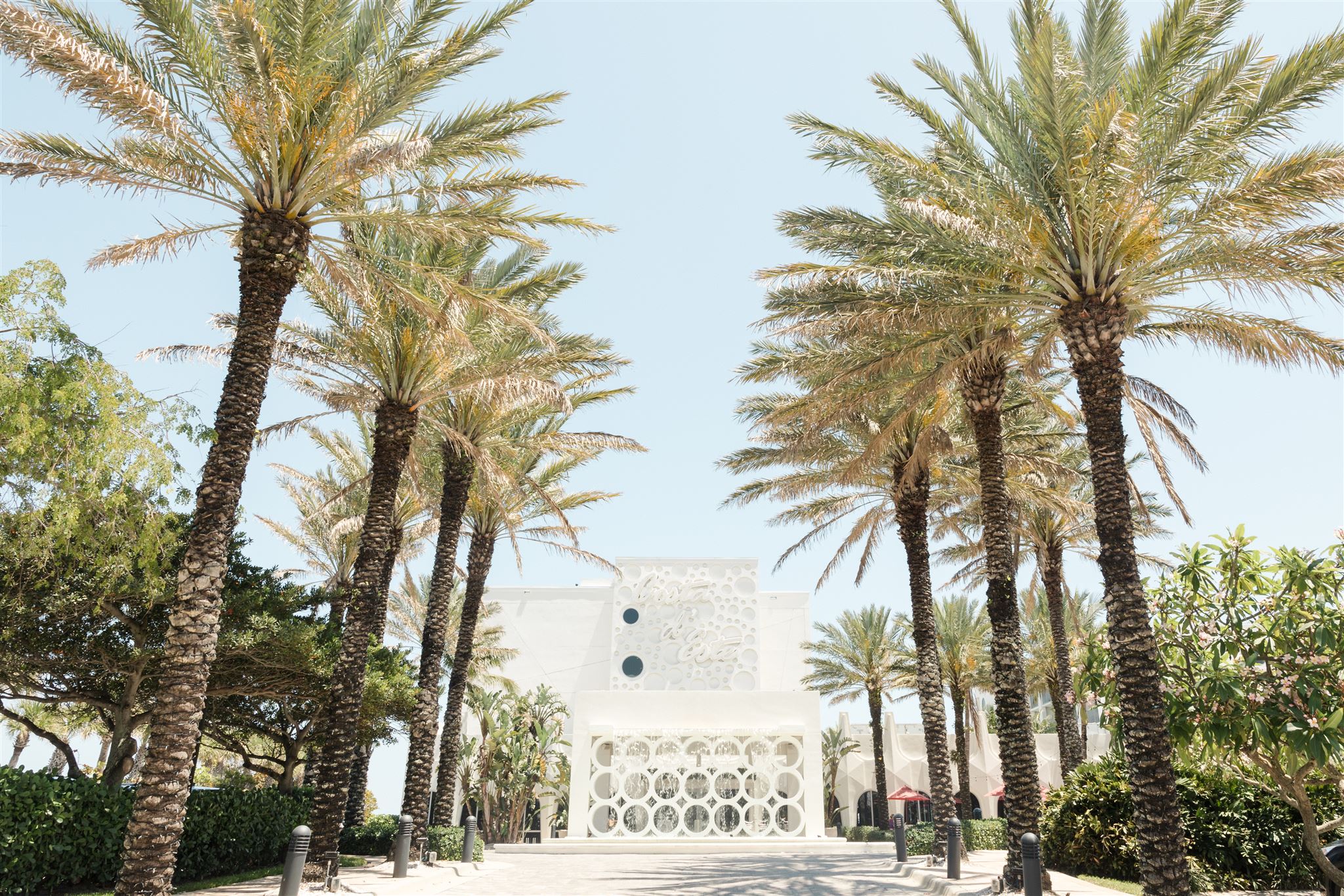 Palm tree-lined entrance to Costa d’Este Beach Resort on a clear sunny day in Vero Beach, Florida, wedding venue